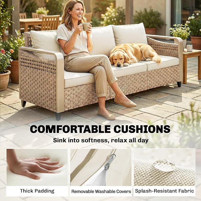Outsunny Outdoor Patio Couch with Wide and Deep Seat, 3 Seater Wicker Outdoor Sofa with Wide Metal Armrests, Patio Furniture Couch with Cushions for Porch, Garden, Backyard, Beige