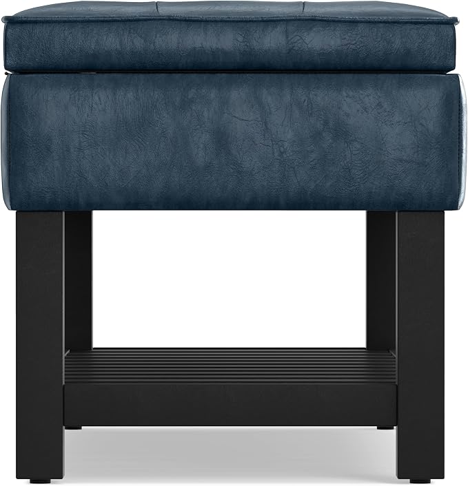 SIMPLIHOME Cosmopolitan Storage Ottoman Bench - 44 inch Wide Upholstered Vegan Leather Rectangle Storage Ottoman in Denim Blue, Transitional Bench for Bedroom with Tufted Lift-Top and Open Shelf
