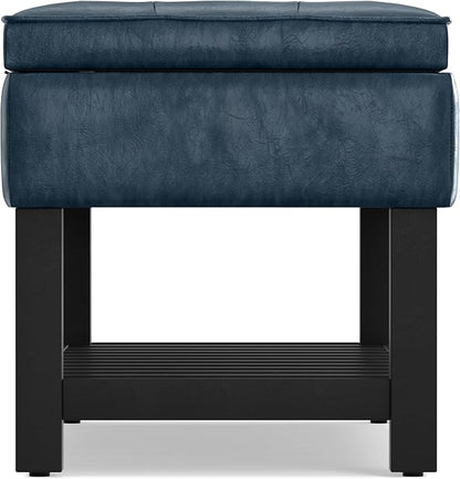 SIMPLIHOME Cosmopolitan Storage Ottoman Bench - 44 inch Wide Upholstered Vegan Leather Rectangle Storage Ottoman in Denim Blue, Transitional Bench for Bedroom with Tufted Lift-Top and Open Shelf