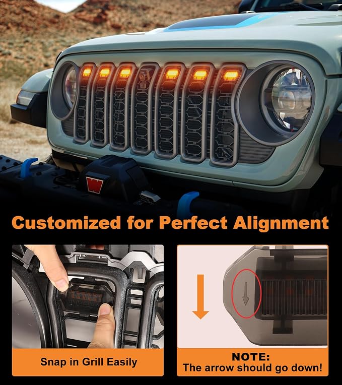 LED Grill Lights for Jeep Wrangler JL JLU Accessories 2024-2026, Amber | Direct-Snap Front Grille LED Accent Marker Lights, IP68 Waterproof, Enhanced Night Visibility, Raptor-Style Exterior Lighting