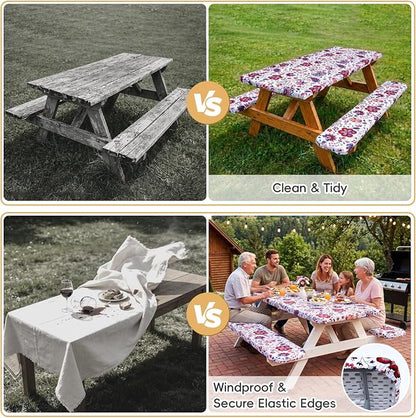 SquarePie Picnic Table Cover with Bench Covers - Waterproof Fitted Elastic Tablecloth for 6 FT Tables - Washable Polyester Camping Table Cloth for Outdoor Patio RV BBQ (Gorgeous Flowers, 30"x72")