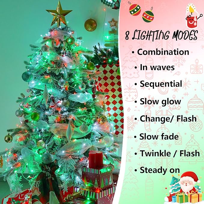 YEGUO 165ft 500 LED String Lights Outdoor Waterproof, Clear Wire Christmas Lights Indoor Plug in, 8 Modes Fairy Light for Bedroom Classroom Party Tree Decor(Red White and Green)