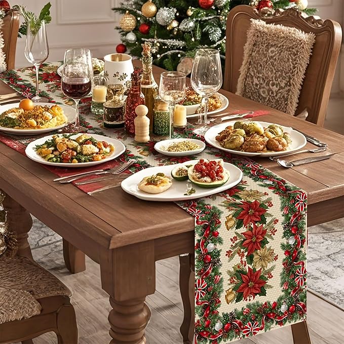 Christmas Poppies Table Runner,Dining Decor for Kitchen Coffee Table Family Dinners Holiday Parties Wedding Events Decor(13x72 inch)