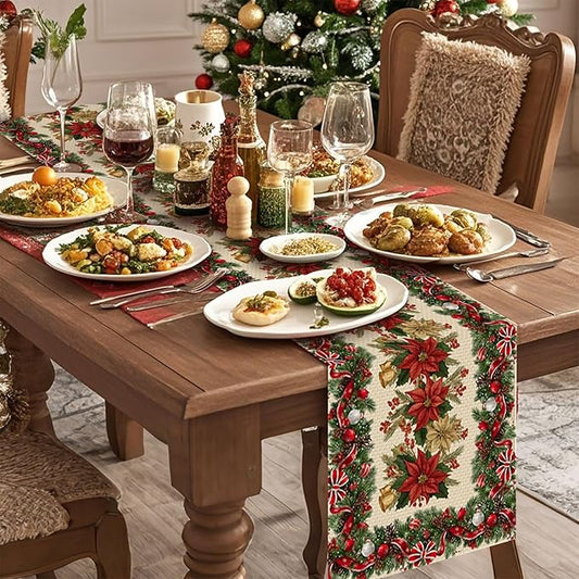Christmas Poppies Table Runner,Dining Decor for Kitchen Coffee Table Family Dinners Holiday Parties Wedding Events Decor(13x72 inch)