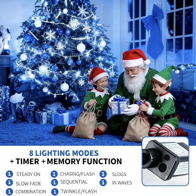 MZD8391 105FT 300LED Christmas Light, Christmas Tree Light, Blue White | Waterproof, 100% UL Listed, 8 Light Mode, Timer & Memory, 4 Set End To End Connect, LED Christmas String Light Outdoor Indoor