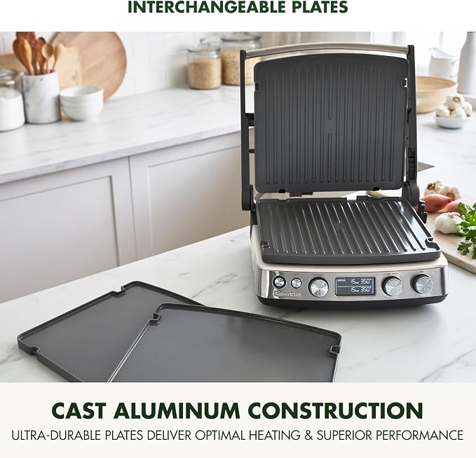 GreenPan Elite 7-in-1 Multi-Function Contact Grill & Griddle, Healthy Ceramic Nonstick Reversible Plates, Adjustable Shade & Shear, Closed Press/Open Flat Surface, PFAS-Free, Cream White