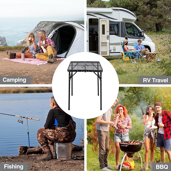 Portable Grill Table for Outside, Aluminum Square Folding Grill Stand Table for Outdoor Camping Picnic BBQ, Lightweight Adjustable Height, 24"x24", Black