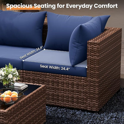 UDPATIO Patio Furniture Set with Fire Pit Table, 5 Piece Outdoor Sectional Sofas, All-Weather Wicker Conversation for Garden, Backyard, Navy Blue