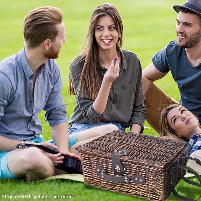 Wicker Picnic Basket Set for 4, Blanket, Cooler Bag, Blue Stripes | Four-Person Wicker Set Includes Tableware, Insulated Food Storage and Waterproof Blanket for Parks, Camping, Dates and Gifts