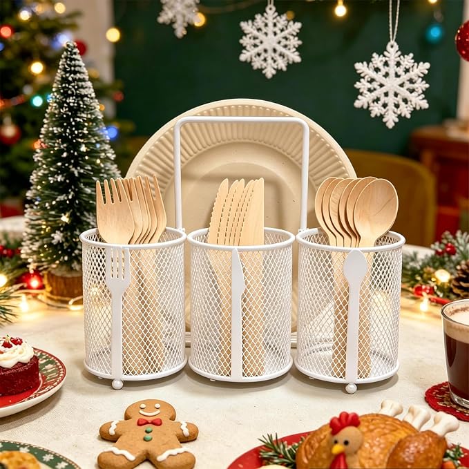 Silverware Organizer Utensil Caddy - 4 Compartment Metal Cutlery Holder Flatware Storage Basket Fork Spoon Napkin Paper Plate Kitchen Countertop Party Picnic Camping Buffet Outdoor (White)