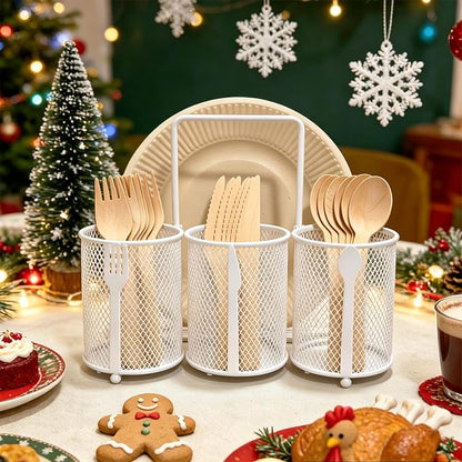 Silverware Organizer Utensil Caddy - 4 Compartment Metal Cutlery Holder Flatware Storage Basket Fork Spoon Napkin Paper Plate Kitchen Countertop Party Picnic Camping Buffet Outdoor (White)