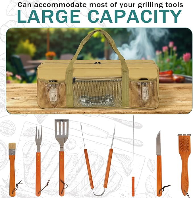 Grill Tool Storage Bag, Large Grill Utensil Storage Caddy with Pockets, Portable Grill Accessory Storage Bag for Outdoor Camping & BBQ (Brown)