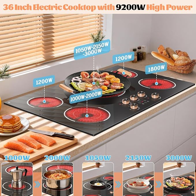 36 Inch Electric Cooktop 220V, 9200W Powerful 5 Burner Electric Stove Top, Built-in Ceramic Cooktop 36" with Dual/Triple Ring Burner, Knob & Touch Control, Safety Lock, 220-240V Hard Wire
