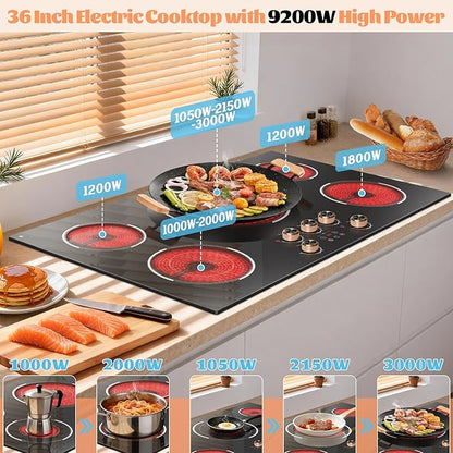 36 Inch Electric Cooktop 220V, 9200W Powerful 5 Burner Electric Stove Top, Built-in Ceramic Cooktop 36" with Dual/Triple Ring Burner, Knob & Touch Control, Safety Lock, 220-240V Hard Wire