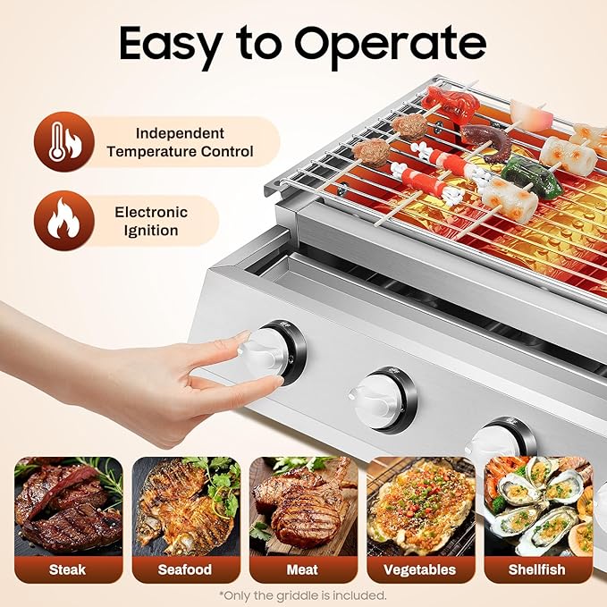 4-Burner Commercial Gas BBQ Grill, 2800Pa Adjustable Height Stainless Steel Patio Garden Barbecue Grill with Rotatable Connector Tabletop Smokeless Gas Grill for Camping, Gatherings and Outdoor