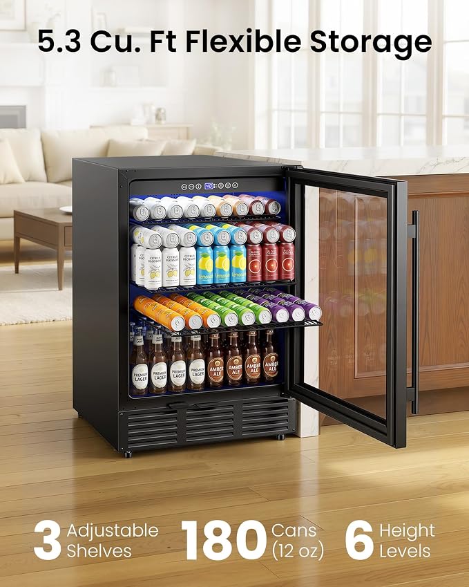 24 Inch Beverage Refrigerator 180 Cans | Under Counter Glass Door | 24 in beverage refrigerator, 180 cans, glass door, LED, lock, built-in or freestanding, quiet cooling for home, bar, kitchen