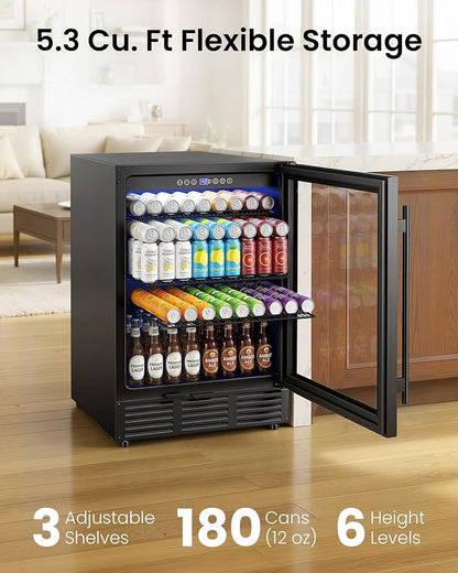 24 Inch Beverage Refrigerator 180 Cans | Under Counter Glass Door | 24 in beverage refrigerator, 180 cans, glass door, LED, lock, built-in or freestanding, quiet cooling for home, bar, kitchen