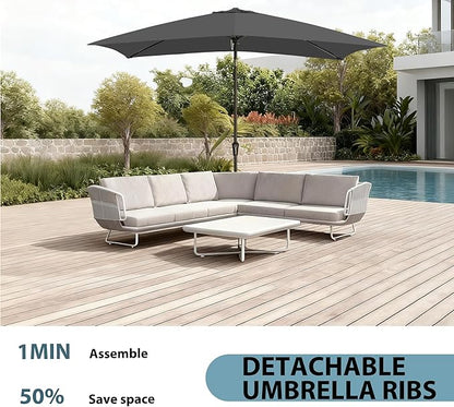 6.5x10FT Rectangular Patio Umbrella with Push Button Tilt & Crank Lift for Garden,UV Protection Outdoor Umbrella for Deck,Pool and Yard,Grey