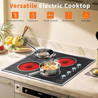 4 Burner Electric Cooktop, 24 Inch Electric Stove 6000W, 220V-240V Built-in Ceramic Stovetop with Knob Control, Child Lock, Timer Control, Residual Heat Indicator, Hard Wire(No Plug)