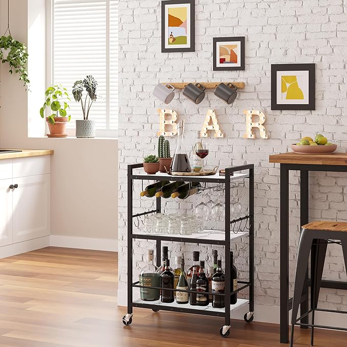 TUTOTAK Bar Cart with Wheels, Drink Cart with Wine Rack and Glass Holder | 3-Tier 23.7 Inch Wide Home Bar Serving Carts, Small Mobile Kitchen Shelf with 6 Hooks, Marble White BC01BM030