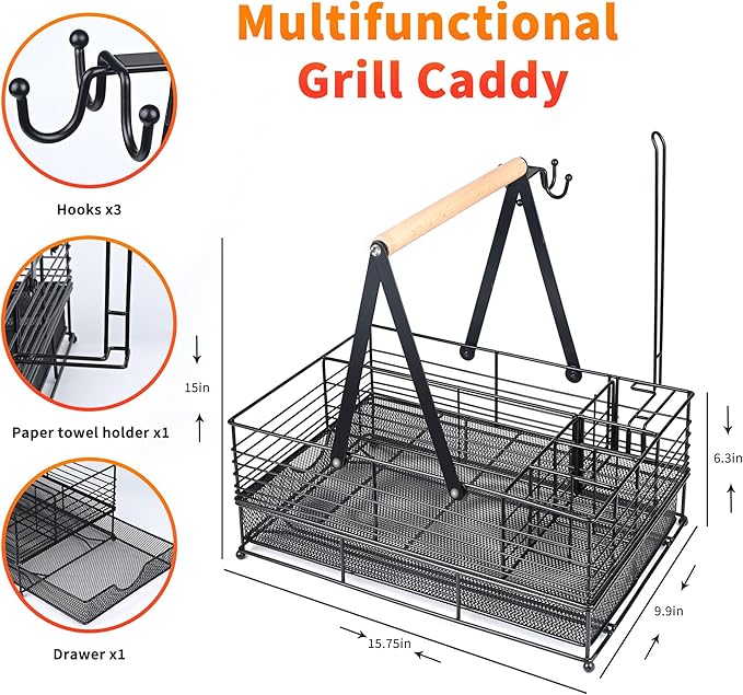 Grill Caddy with Paper Towel Holder and Plate Holder,Picnic BBQ Condiment Utensil Organizer Caddy for Camping, Rv, Camping Essential, Camper Must Haves, Grilling Gifts for Men
