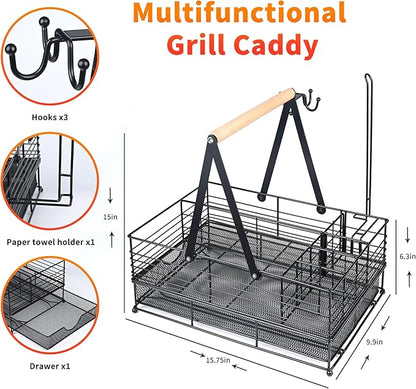 Grill Caddy with Paper Towel Holder and Plate Holder,Picnic BBQ Condiment Utensil Organizer Caddy for Camping, Rv, Camping Essential, Camper Must Haves, Grilling Gifts for Men