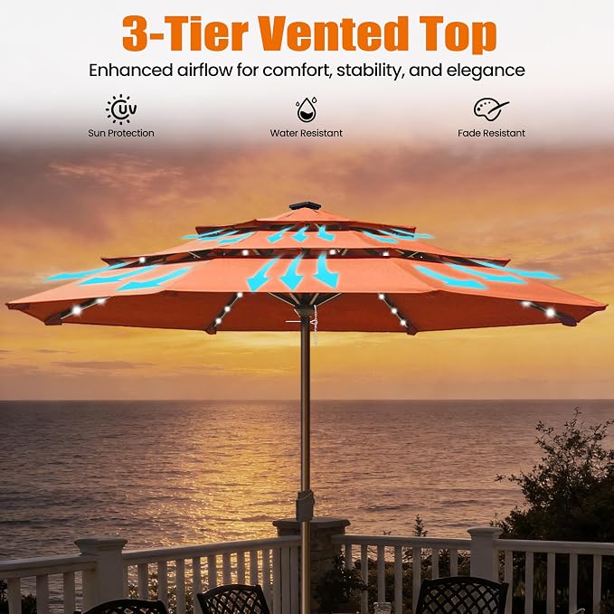 EliteShade USA 10-Year-Non-Fading 10ft 3-Tier Market Patio Umbrella, Commercial Table Umbrella with 80 Solar LED Lights, Crank Open, Windproof & UPF 50+ UV Protection for Garden, Deck, Pool, Backyard, No Tilt, Rust