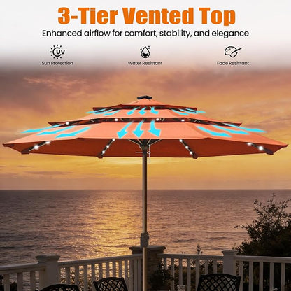 EliteShade USA 10-Year-Non-Fading 10ft 3-Tier Market Patio Umbrella, Commercial Table Umbrella with 80 Solar LED Lights, Crank Open, Windproof & UPF 50+ UV Protection for Garden, Deck, Pool, Backyard, No Tilt, Rust