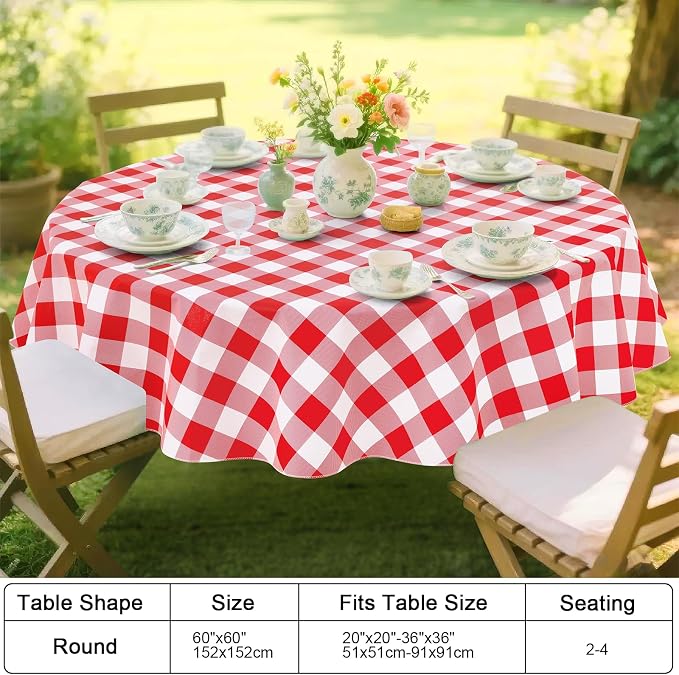 Smiry Picnic Table Cloth, Vinyl Tablecloths with Flannel Backing, 60" Round | Waterproof Picnic Table Cloth, Wipeable Buffalo Plaid Table Cover for Indoor and Outdoor (Red & White)