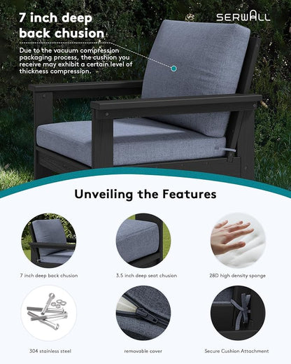 SERWALL HDPE Patio Conversation Set, 6-piece Sectional Outdoor Furniture Set, All Weather Outdoor Couch Set Patio Furniture Set for Deck, Lawn, Black Frame with Grey Cushion