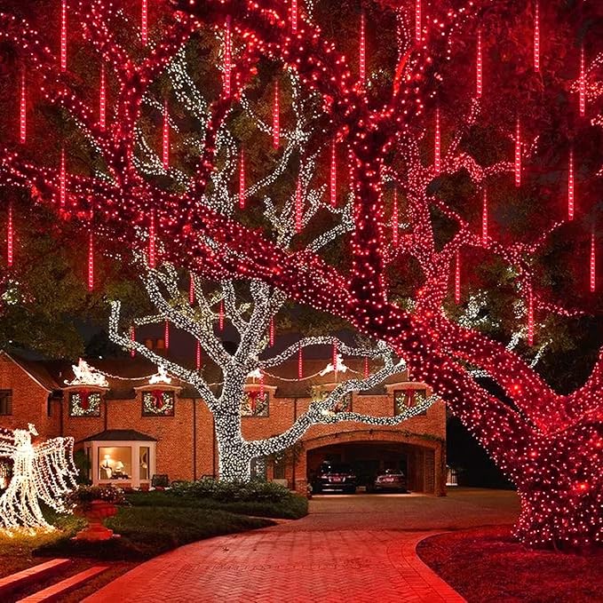 JMEXSUSS Red Solar Christmas Lights Outdoor, 8 Tube 144 LEDs Solar Meteor Shower Rain Lights, Red Twinkle Light for Tree Eaves Fence Christmas Decorations