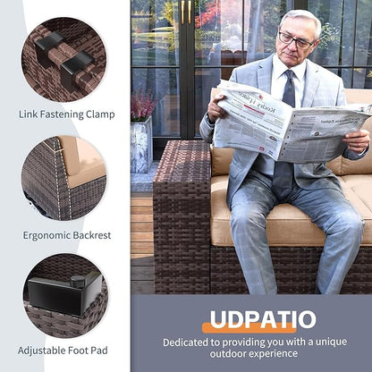 UDPATIO Patio Furniture Set with Fire Pit Table, 8 Inch Armrest 7 Piece Outdoor Sectional Sofas, All-Weather Wicker Conversation for Garden, Backyard, Brown/Khaki