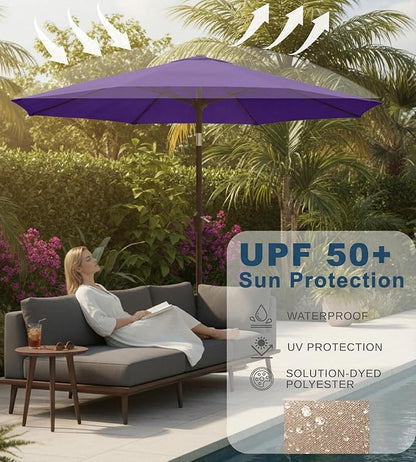 9FT Auto-Tilt Patio Umbrella|Outdoor Market Table Umbrella with 8 Fiberglass Ribs for Pool,Deck&Backyard