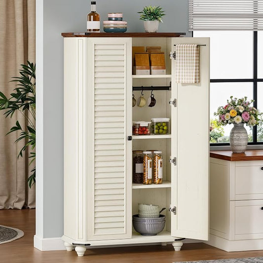 DWVO 67"' 4-Tier Farmhouse Kitchen Pantry Cabinet with Shutter Doors, White | Storage Cabinet with Adjustable Shelves, Hooks & Hanging Rods, Sturdy Cupboard for Kitchen, Dining Room, Living Room