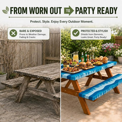 Emwwat Picnic Table Cover with Bench Covers, Waterproof Elastic Corner Fitted Tablecloth for 6 Foot Rectangle Tables, Washable Camping Table Cover Set for Picnic Outdoor BBQ (Blue, 72in)