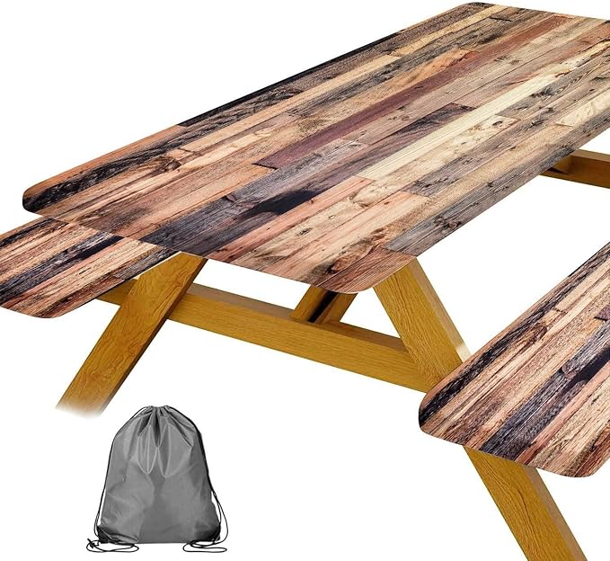 JAWO Brown Rustic Wooden Picnic Table Cover with Bench Covers, Modern Camping RV Essentials Gear Supplies Outdoor Waterproof Windproof Tablecloth with Elastic, 30X60in
