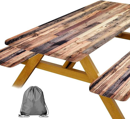JAWO Brown Rustic Wooden Picnic Table Cover with Bench Covers, Modern Camping RV Essentials Gear Supplies Outdoor Waterproof Windproof Tablecloth with Elastic, 30X60in