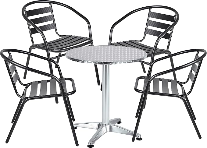 Indoor Outdoor 23.75" Restaurant Stainless Steel Aluminum Metal Slat Stack Lightweight, 4 Chairs with a Round Table, Silver/Black