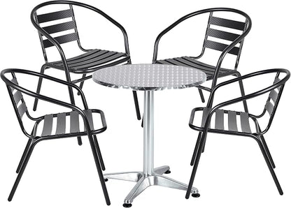 Indoor Outdoor 23.75" Restaurant Stainless Steel Aluminum Metal Slat Stack Lightweight, 4 Chairs with a Round Table, Silver/Black