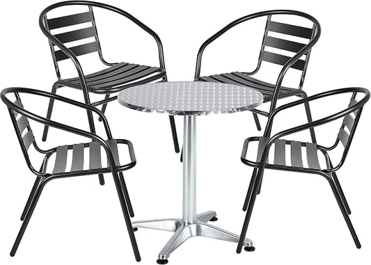 Indoor Outdoor 23.75" Restaurant Stainless Steel Aluminum Metal Slat Stack Lightweight, 4 Chairs with a Round Table, Silver/Black