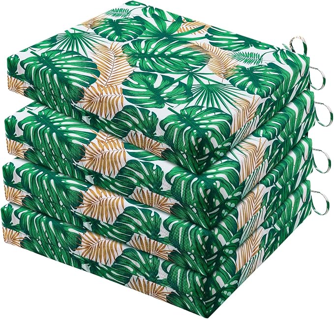 HARBOREST Outdoor Chair Cushions Set of 4, Water Resistant Patio Chair Cushions with Ties, Square Corner Outdoor Seat Cushions for Patio Furniture, 18.5"x16"x3", Frond