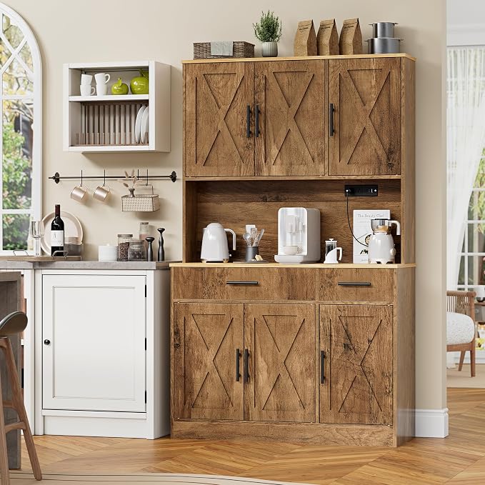 Shintenchi Pantry Cabinet with Charging Station, 70” Tall Kitchen Storage Cabinet with Microwave Stand, Storage Drawers & Adjustable Shelves, Large Capacity Kitchen Hutch for Dining Room, Brown