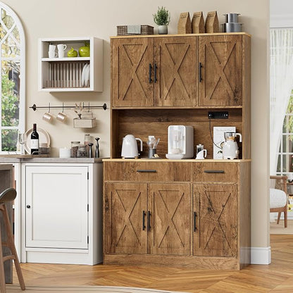 Shintenchi Pantry Cabinet with Charging Station, 70” Tall Kitchen Storage Cabinet with Microwave Stand, Storage Drawers & Adjustable Shelves, Large Capacity Kitchen Hutch for Dining Room, Brown