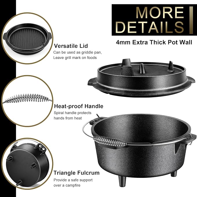 Joyfair Pre-seasoned Cast Iron Camp Dutch Oven, 7.6QT Pot & 2QT Skillet Lid | Open Fire Camping Cookware Set For Outdoor Campfire Cooking - Stewing Chicken,Baking Sourdough Bread, Plus Cleaner, Oven Safe