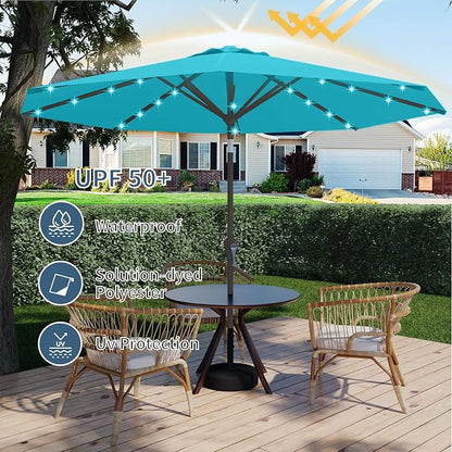 9FT Patio Umbrella with Solar Lights,Outdoor Market Umbrella with Tilt and Crank, LED Lighted Table Umbrella for Garden,Deck,Backyard,Pool,Beach (Light Blue)