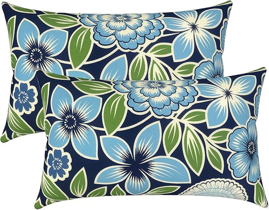 LVTXIII Outdoor Lumbar Pillow Covers Only Set of 2 Patio Decorative Pillow Cases, Water Repellent Lumbar Cushion Cases for Sofa, Patio Couch Garden Use, 12x20 Inch, Azure Botanical Symphony‌