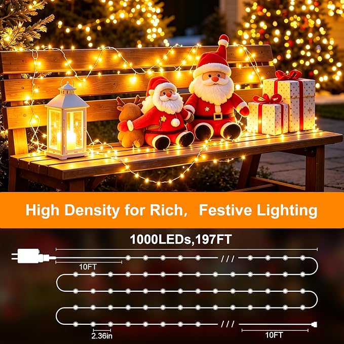 Outdoor String Lights 197ft 1000 LED Warm White Silver Copper Wire Fairy Lights with Remote Listed Plug-in Christmas Lights 8 Modes Low Voltage Twinkle Lights for Garden Patio Yard Tree Wedding Party