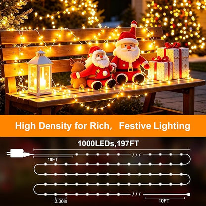 Outdoor String Lights 197ft 1000 LED Warm White Silver Copper Wire Fairy Lights with Remote Listed Plug-in Christmas Lights 8 Modes Low Voltage Twinkle Lights for Garden Patio Yard Tree Wedding Party