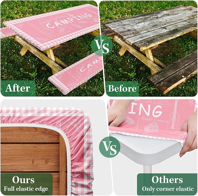 Picnic Table Cover with Bench Covers Elastic Edges, Pink Camper Fitted Table Cover, Outdoor Patio Camping Essentials 72 Inch 3PCS, Waterproof Camping Fitted Tablecloth with Drawstring Bag