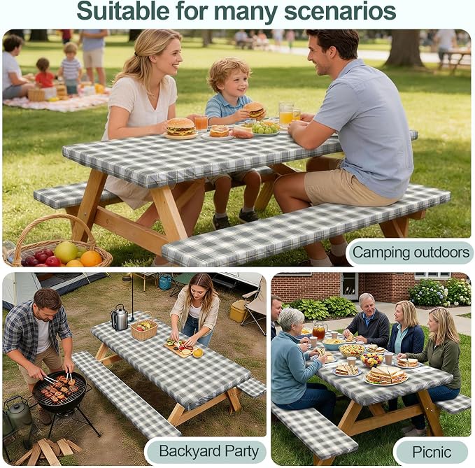 Picnic Table Cover with Bench Covers Camping Essentials Waterproof Windproof Camping Tablecloth with Drawstring Bag, Fitted Rectangle Tables and Seats, 72in, Gray White